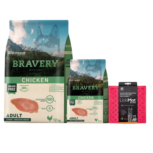 Bravery Grain Free Adulto Mediano y Grande Pollo 12+4kg Gratis + LickiMat de Regalo