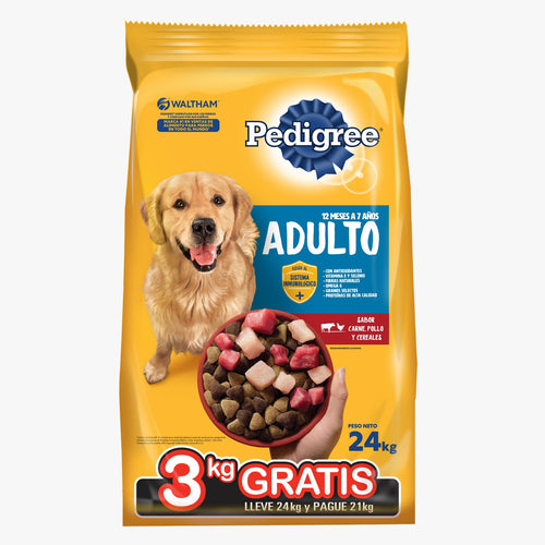 Pedigree Perro Adulto Carne, Pollo y Cereales 21+3Kg con Regalo