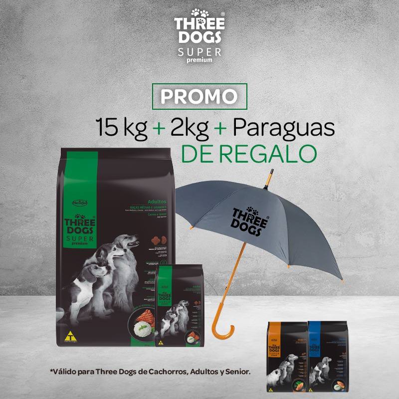 Three Dogs Super Premium Adulto Medium 15+2 Kg Con Paraguas