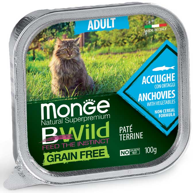 Pate Gato Adulto Monge BWild Grain Free Anchoas con Verdura 100g