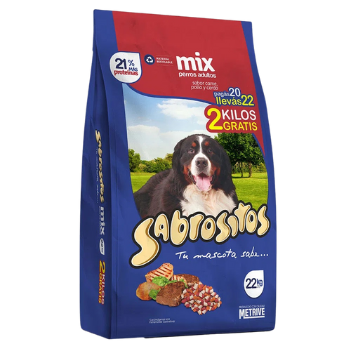 Sabrositos Perro Adulto Mix Carne, Pollo y Cerdo 18+2kg con Regalo