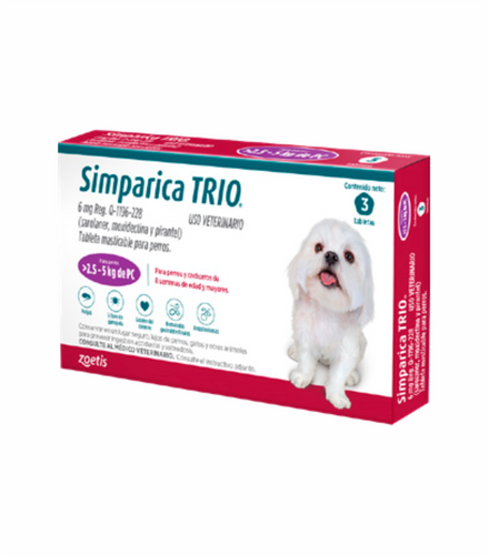 Simparica Trio 2.5 A 5 Kg X 3 comprimidos Parásitos Interno Y Externo